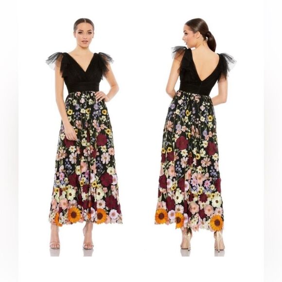 Mac Duggal Black and Multicolor Floral appliqué Midi Dress, US2 - Picture 2 of 16